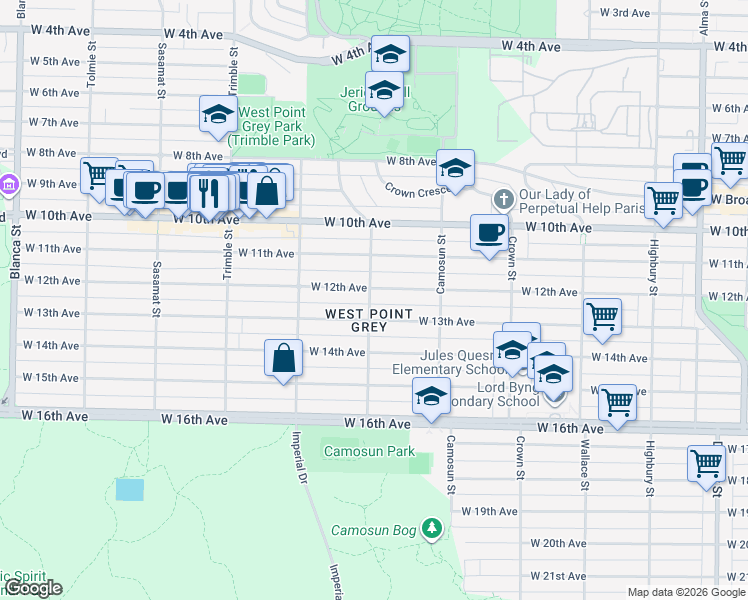 map of restaurants, bars, coffee shops, grocery stores, and more near 2840 Courtenay Street in Vancouver