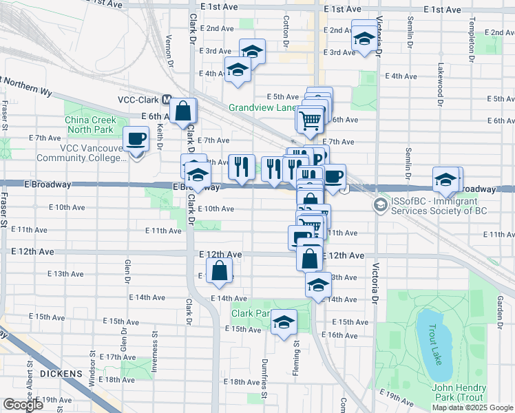 map of restaurants, bars, coffee shops, grocery stores, and more near 1505 East 10th Avenue in Vancouver