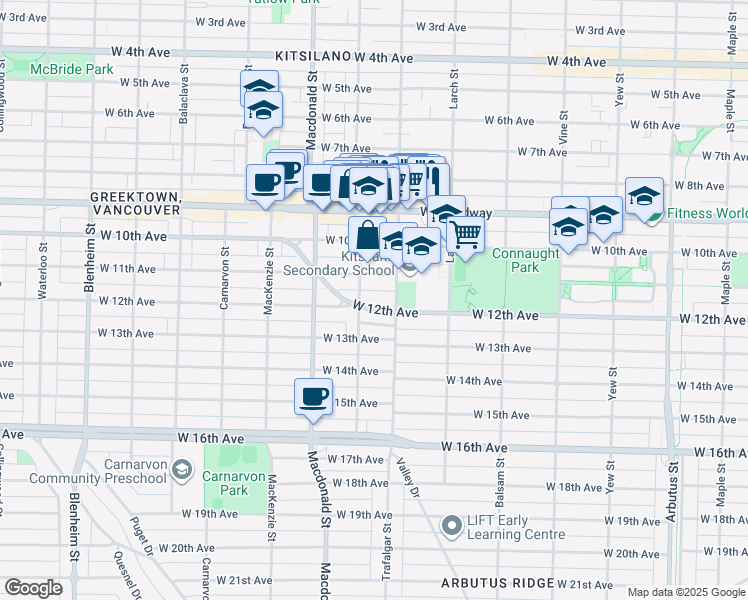 map of restaurants, bars, coffee shops, grocery stores, and more near 2635 West 12th Avenue in Vancouver