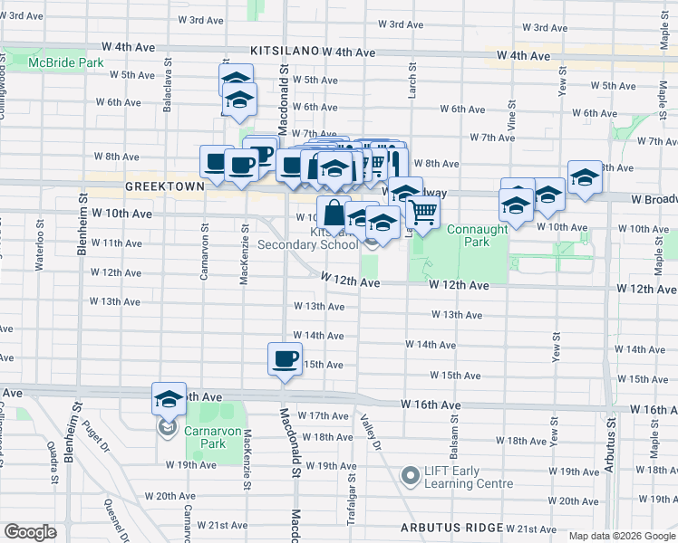 map of restaurants, bars, coffee shops, grocery stores, and more near 2637 West 12th Avenue in Vancouver