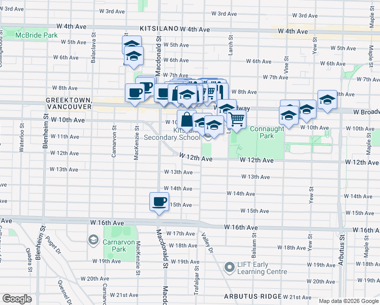 map of restaurants, bars, coffee shops, grocery stores, and more near 2637 West 12th Avenue in Vancouver