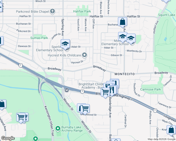 map of restaurants, bars, coffee shops, grocery stores, and more near 6948 Broadway in Burnaby