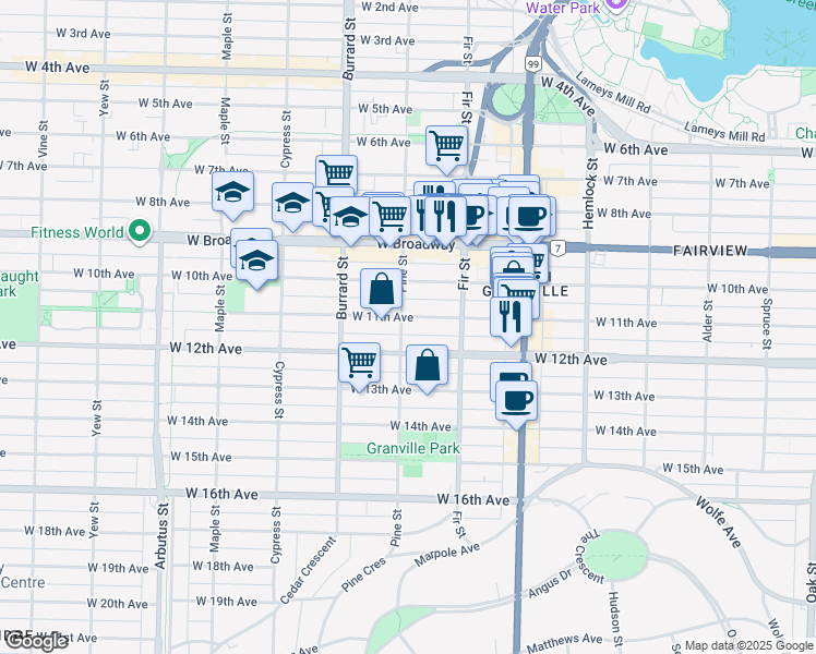 map of restaurants, bars, coffee shops, grocery stores, and more near 1696 West 11th Avenue in Vancouver