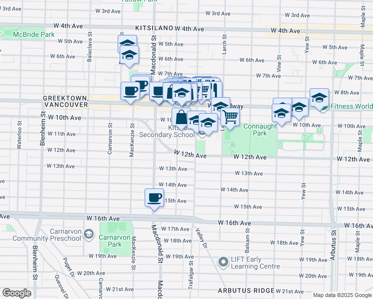 map of restaurants, bars, coffee shops, grocery stores, and more near 2627 West 12th Avenue in Vancouver