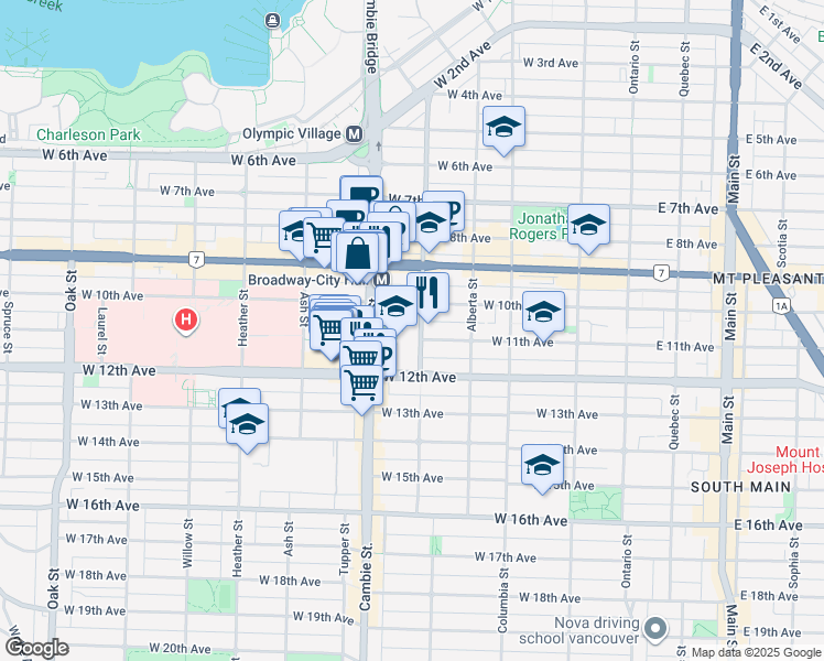map of restaurants, bars, coffee shops, grocery stores, and more near 2675 Yukon Street in Vancouver