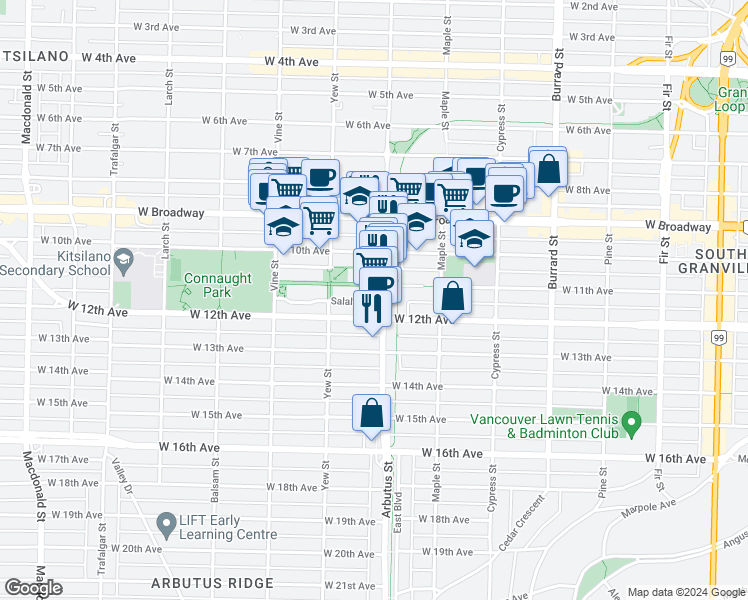 map of restaurants, bars, coffee shops, grocery stores, and more near 2768 Cranberry Drive in Vancouver