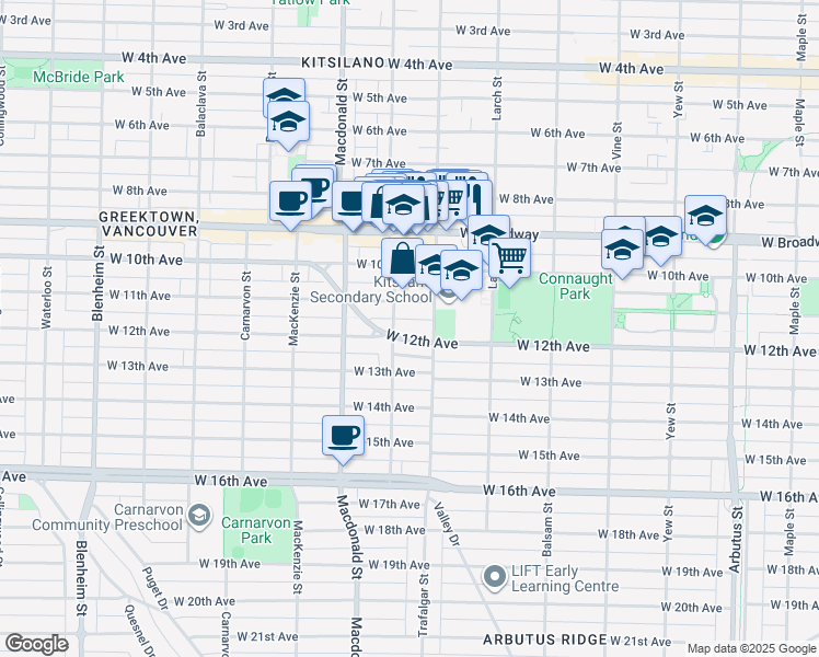 map of restaurants, bars, coffee shops, grocery stores, and more near 2635 West 12th Avenue in Vancouver