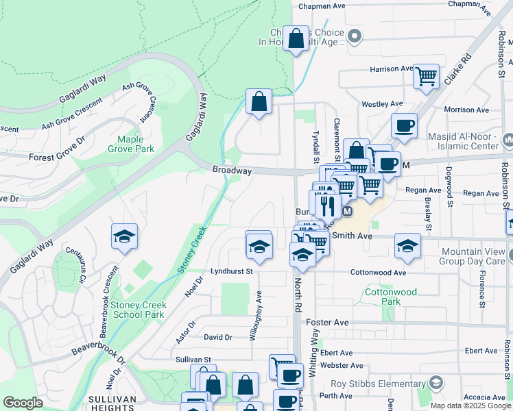 map of restaurants, bars, coffee shops, grocery stores, and more near 2529 Larkin Court in Burnaby