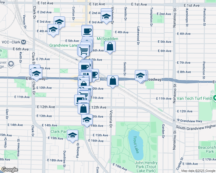 map of restaurants, bars, coffee shops, grocery stores, and more near 1883 East 10th Avenue in Vancouver