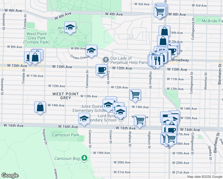 map of restaurants, bars, coffee shops, grocery stores, and more near 3990 West 12th Avenue in Vancouver