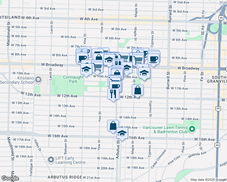 map of restaurants, bars, coffee shops, grocery stores, and more near 2768 Cranberry Drive in Vancouver