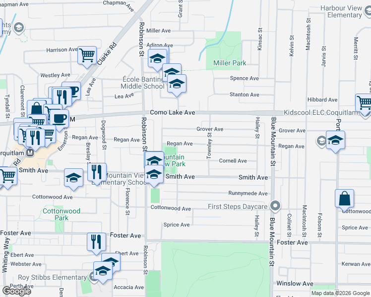 map of restaurants, bars, coffee shops, grocery stores, and more near 808 Regan Avenue in Coquitlam