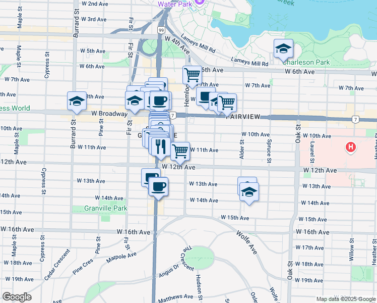 map of restaurants, bars, coffee shops, grocery stores, and more near 1396 W 11 Ave in Vancouver