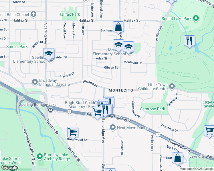 map of restaurants, bars, coffee shops, grocery stores, and more near 7121 Broadway in Burnaby