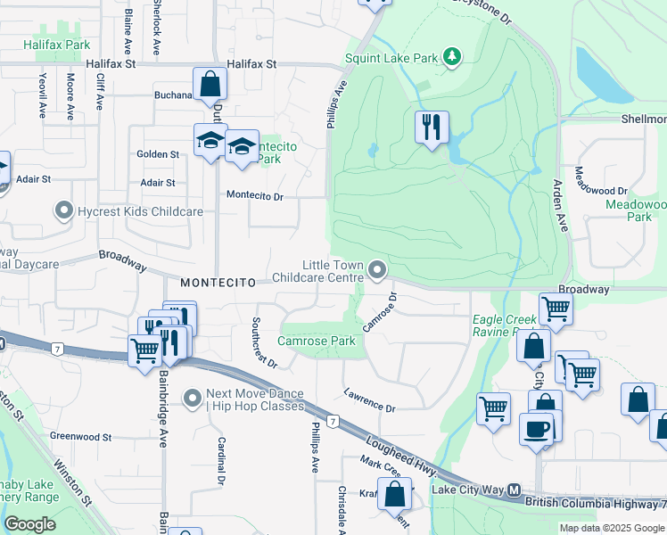 map of restaurants, bars, coffee shops, grocery stores, and more near 7411 Broadway in Burnaby