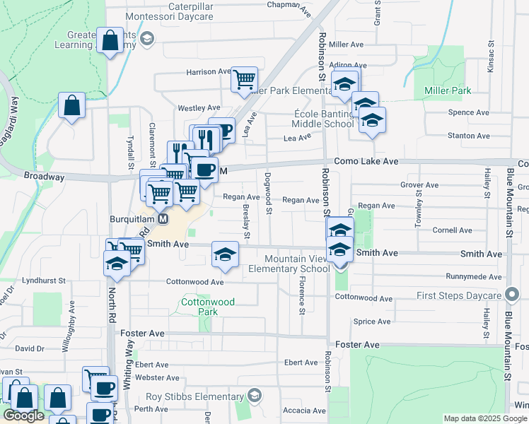 map of restaurants, bars, coffee shops, grocery stores, and more near 728 A Dogwood Street in Coquitlam