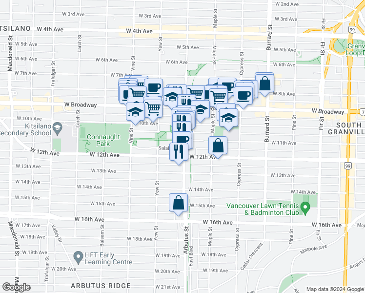 map of restaurants, bars, coffee shops, grocery stores, and more near 2729 Arbutus Street in Vancouver