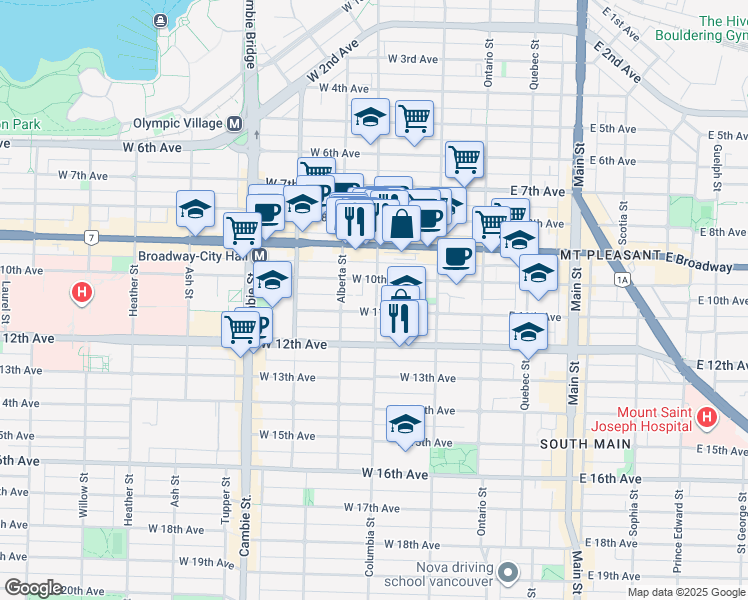 map of restaurants, bars, coffee shops, grocery stores, and more near in Vancouver