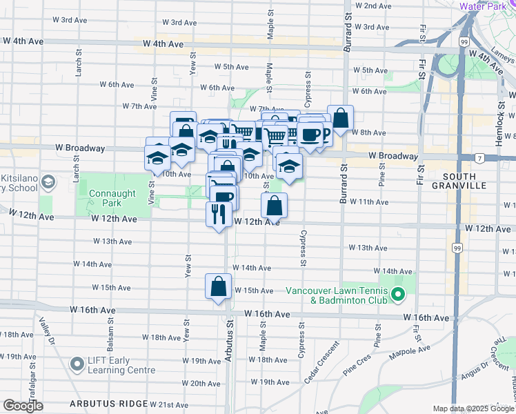 map of restaurants, bars, coffee shops, grocery stores, and more near in Vancouver