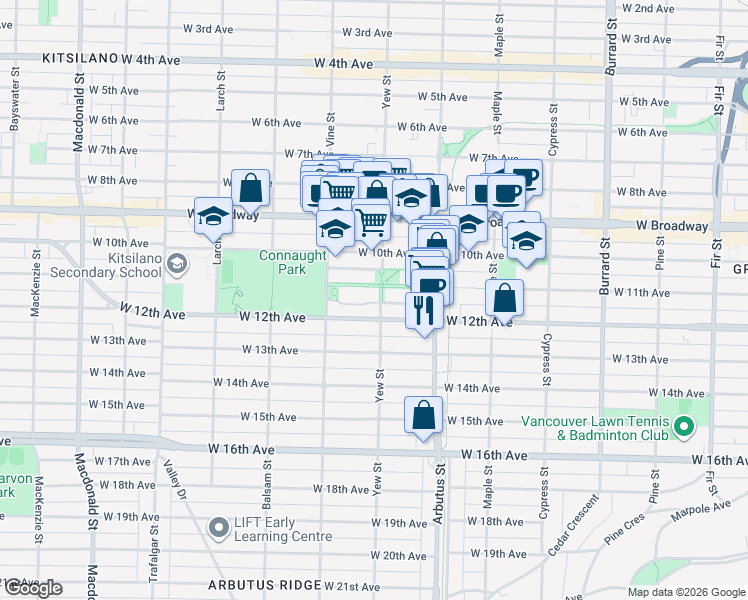 map of restaurants, bars, coffee shops, grocery stores, and more near in Vancouver
