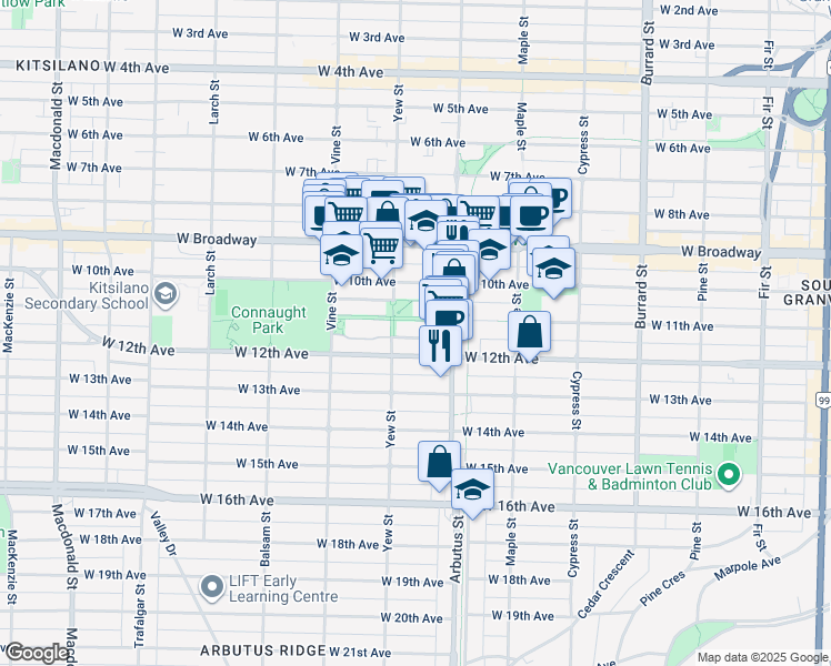 map of restaurants, bars, coffee shops, grocery stores, and more near 2175 Salal Drive in Vancouver