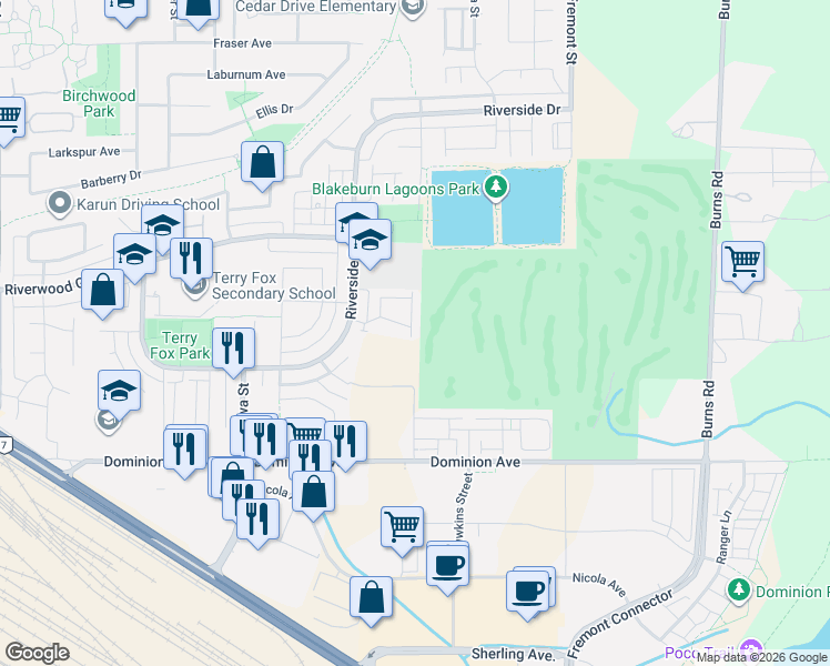 map of restaurants, bars, coffee shops, grocery stores, and more near 1108 Riverside Close in Port Coquitlam
