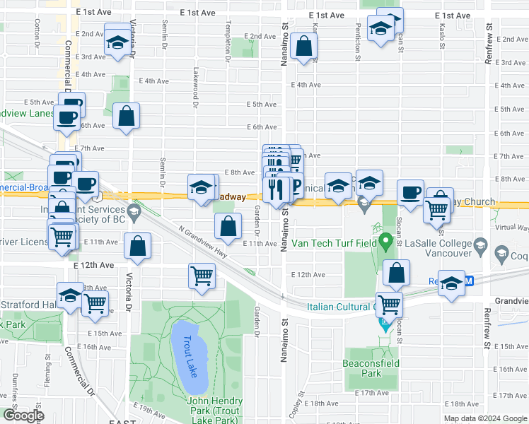 map of restaurants, bars, coffee shops, grocery stores, and more near 2550 Garden Drive in Vancouver