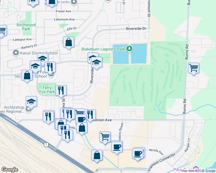 map of restaurants, bars, coffee shops, grocery stores, and more near 1108 Riverside Close in Port Coquitlam