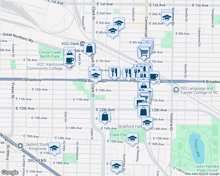 map of restaurants, bars, coffee shops, grocery stores, and more near 1437 East 10th Avenue in Vancouver