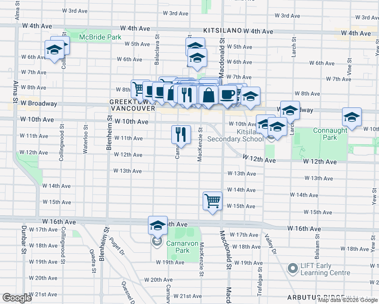 map of restaurants, bars, coffee shops, grocery stores, and more near 2945 West 12th Avenue in Vancouver