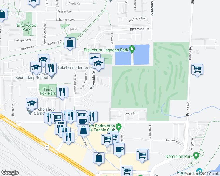 map of restaurants, bars, coffee shops, grocery stores, and more near 1108 Riverside Close in Port Coquitlam