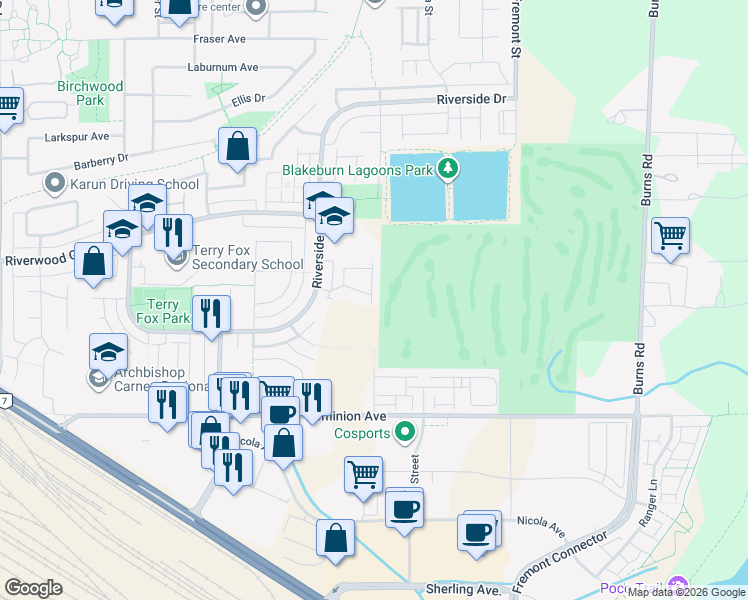 map of restaurants, bars, coffee shops, grocery stores, and more near 953 Dominion Avenue in Port Coquitlam