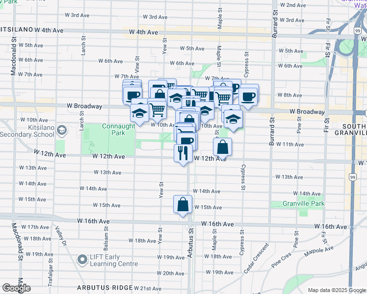 map of restaurants, bars, coffee shops, grocery stores, and more near 2738 Cranberry Drive in Vancouver