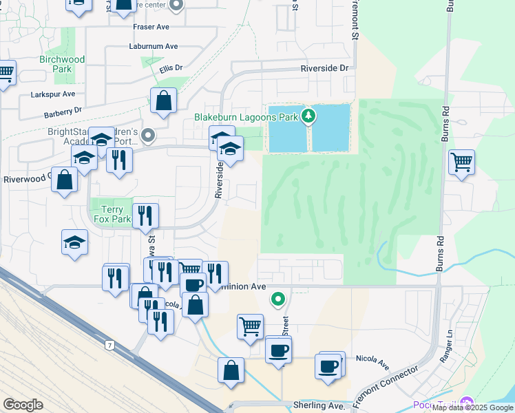 map of restaurants, bars, coffee shops, grocery stores, and more near 1108 Riverside Close in Port Coquitlam