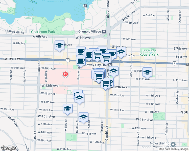 map of restaurants, bars, coffee shops, grocery stores, and more near 2668 Ash Street in Vancouver