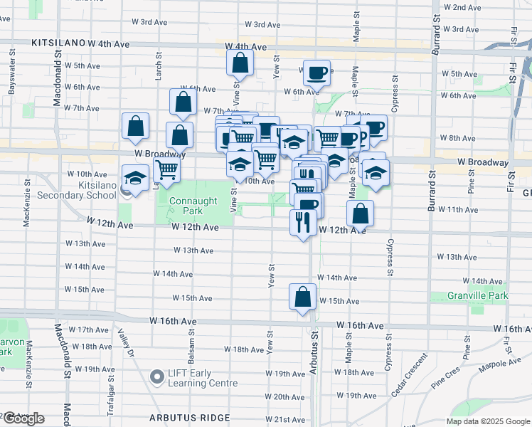 map of restaurants, bars, coffee shops, grocery stores, and more near 2799 Yew Street in Vancouver