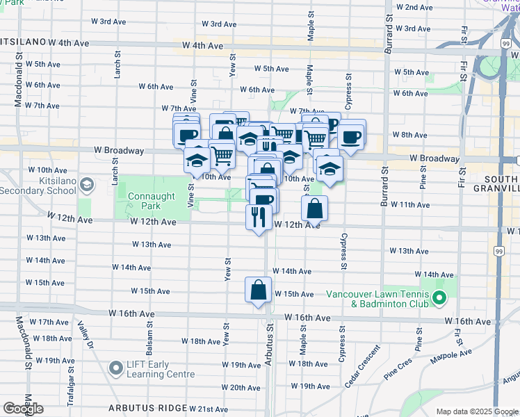 map of restaurants, bars, coffee shops, grocery stores, and more near 2768 Cranberry Drive in Vancouver