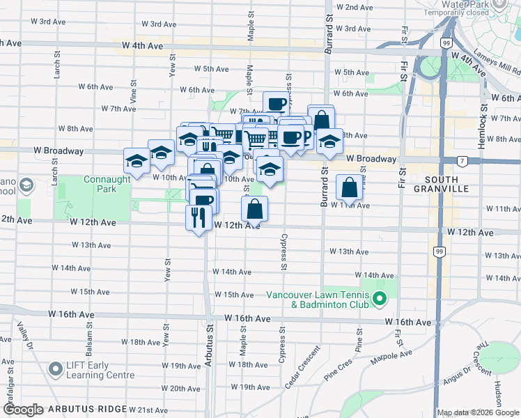 map of restaurants, bars, coffee shops, grocery stores, and more near 1966 West 11th Avenue in Vancouver