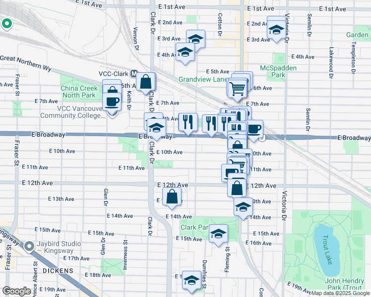 map of restaurants, bars, coffee shops, grocery stores, and more near 1449 East 10th Avenue in Vancouver