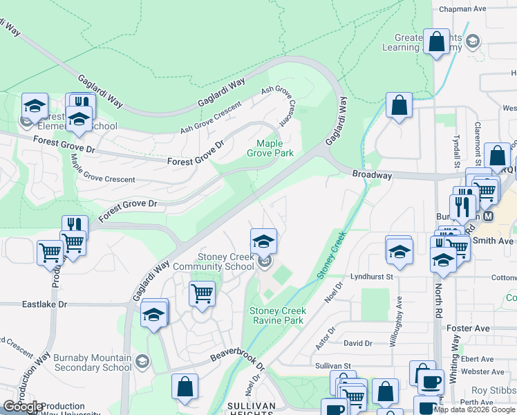 map of restaurants, bars, coffee shops, grocery stores, and more near 9125 Capella Drive in Burnaby