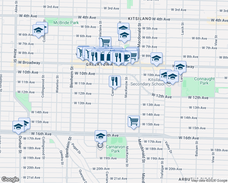 map of restaurants, bars, coffee shops, grocery stores, and more near 2995 West 12th Avenue in Vancouver
