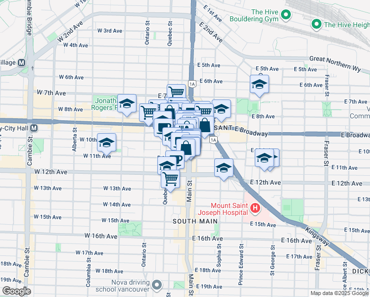 map of restaurants, bars, coffee shops, grocery stores, and more near 2629 Main Street in Vancouver