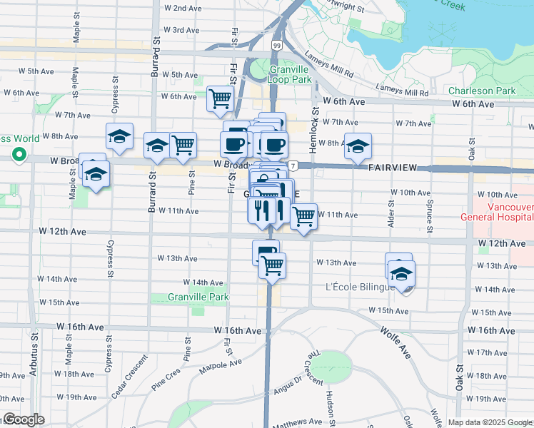 map of restaurants, bars, coffee shops, grocery stores, and more near 2701 Granville Street in Vancouver