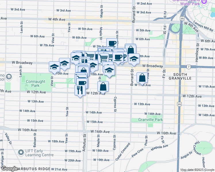 map of restaurants, bars, coffee shops, grocery stores, and more near 1952 West 11th Avenue in Vancouver