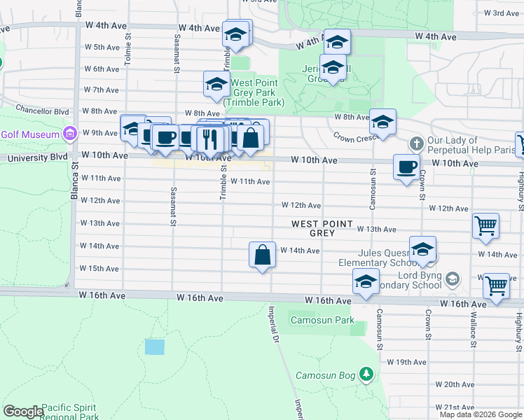 map of restaurants, bars, coffee shops, grocery stores, and more near 4322 West 12th Avenue in Vancouver