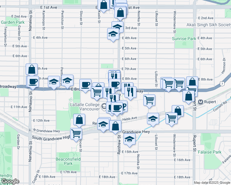 map of restaurants, bars, coffee shops, grocery stores, and more near in Vancouver