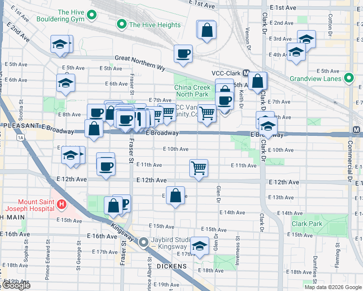 map of restaurants, bars, coffee shops, grocery stores, and more near 919 East 10th Avenue in Vancouver