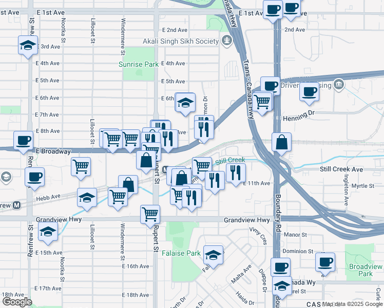 map of restaurants, bars, coffee shops, grocery stores, and more near in Vancouver