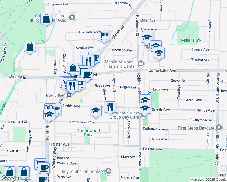 map of restaurants, bars, coffee shops, grocery stores, and more near 721 Dogwood Street in Coquitlam