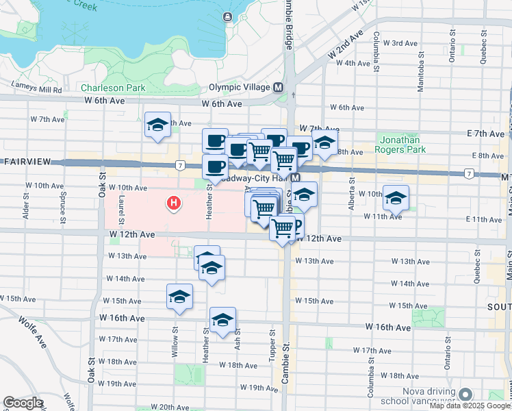 map of restaurants, bars, coffee shops, grocery stores, and more near 555 West 12th Avenue in Vancouver